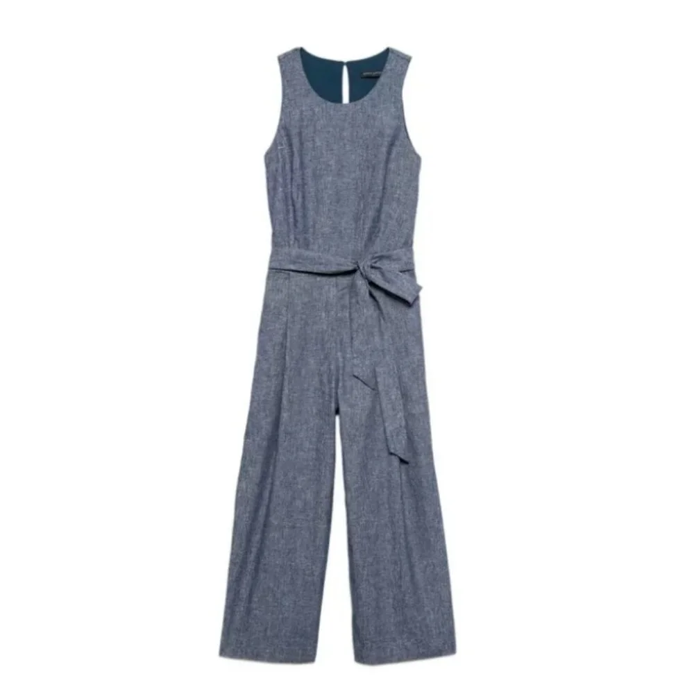 Banana Republic Chambray Blue Linen Blend Tie Waist Jumpsuit